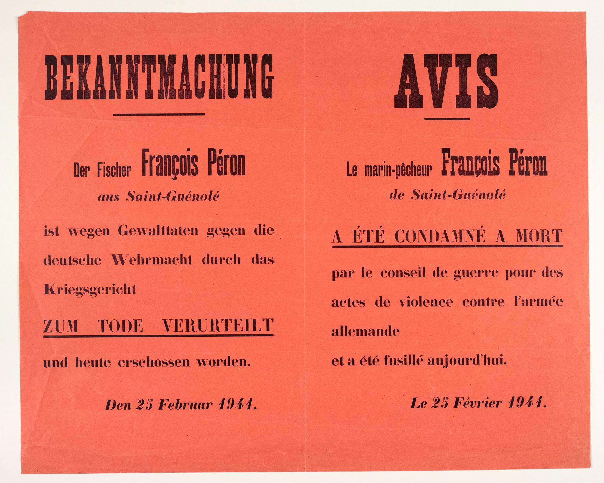 Avis de condamnation à mort de François Péron