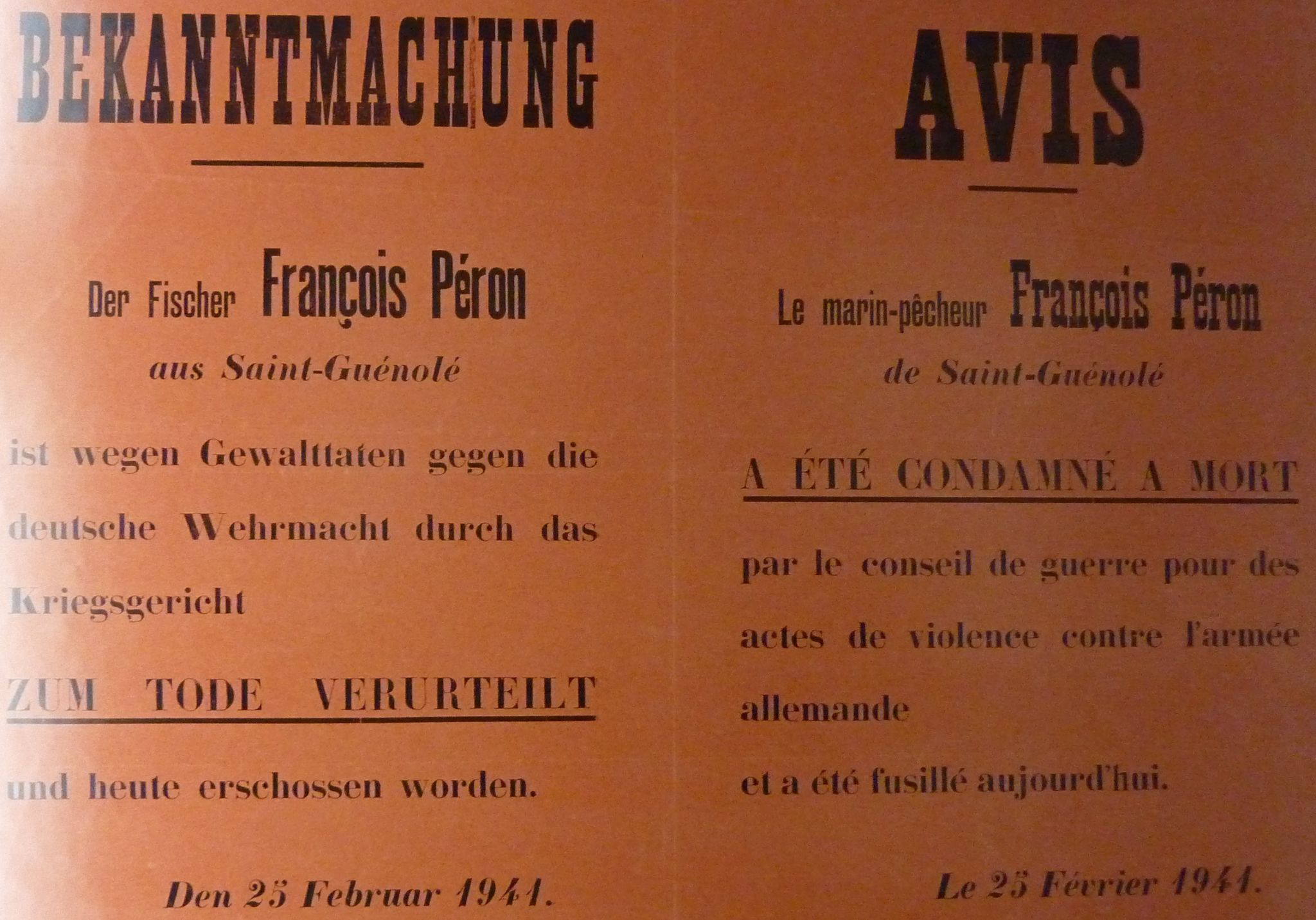 Avis de condamnation à mort de François Péron